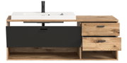 Moderner Waschtisch mit Holzoptik und schwarzem Waschbecken, Frontalansicht