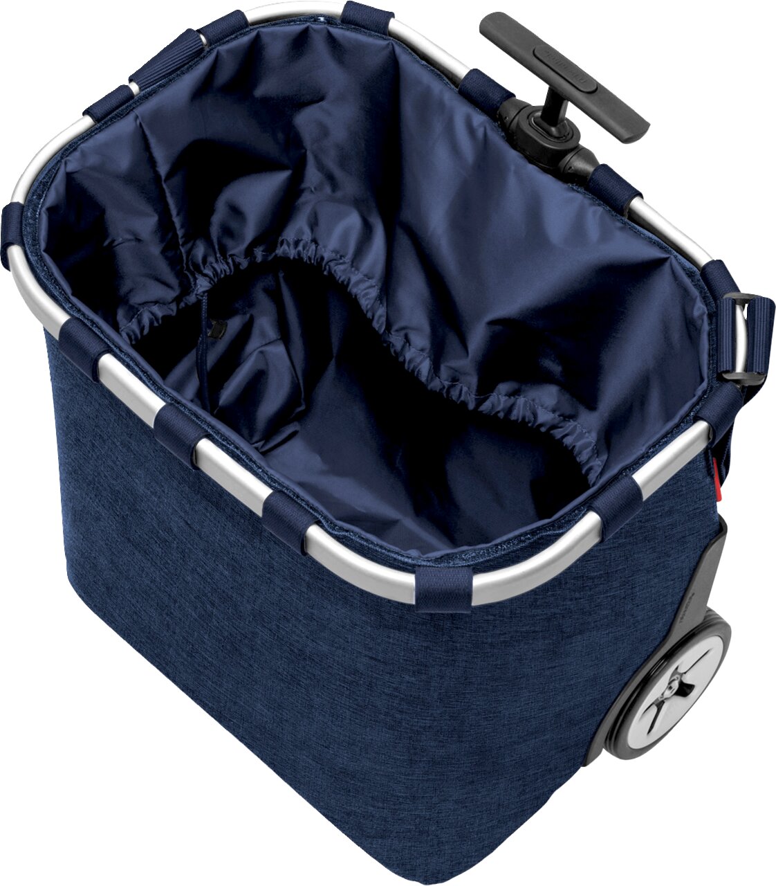 Donkerblauwe boodschappentrolley met stoffen tas, aluminium frame en voering met trekkoord, schuin van bovenaf gefotografeerd in de open tas.