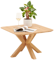 Beistelltisch aus Holz mit X-förmigem Gestell, darauf ein Weinglas, eine Pflanze im Topf und ein aufgeschlagenes Magazin, seitliche Perspektive