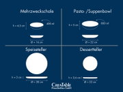 Infografik mit Draufsicht und Seitenansicht von Porzellan-Geschirr: Mehrzweckschale 400 ml (Ø 16 cm, h 4,5 cm), Pasta-/Suppenbowl 800 ml (Ø 22 cm, h 5 cm), Speiseteller (Ø 28 cm, h 3 cm) und Dessertteller (Ø 22 cm, h 2,6 cm) auf blauem Hintergrund.