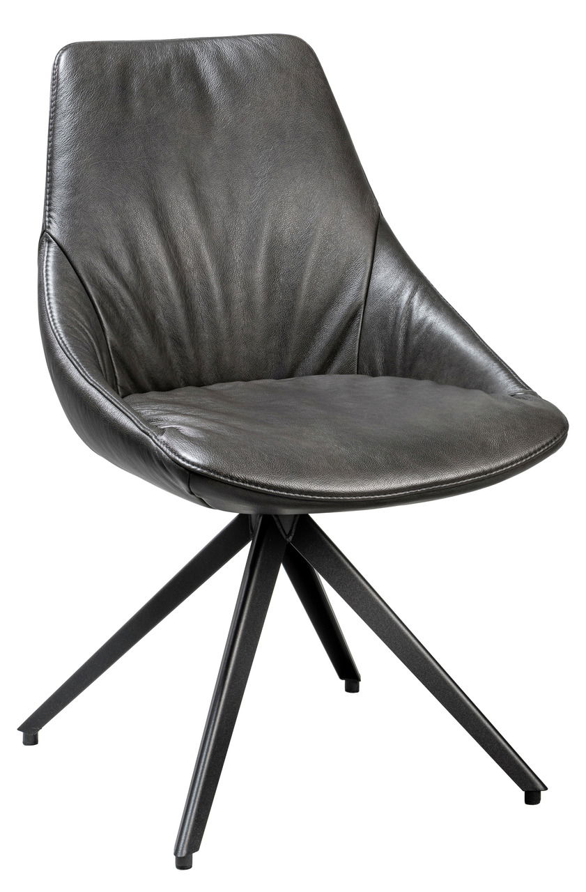 Moderner schwarzer Stuhl mit Lederbezug und Metallbeinen, seitliche Perspektive