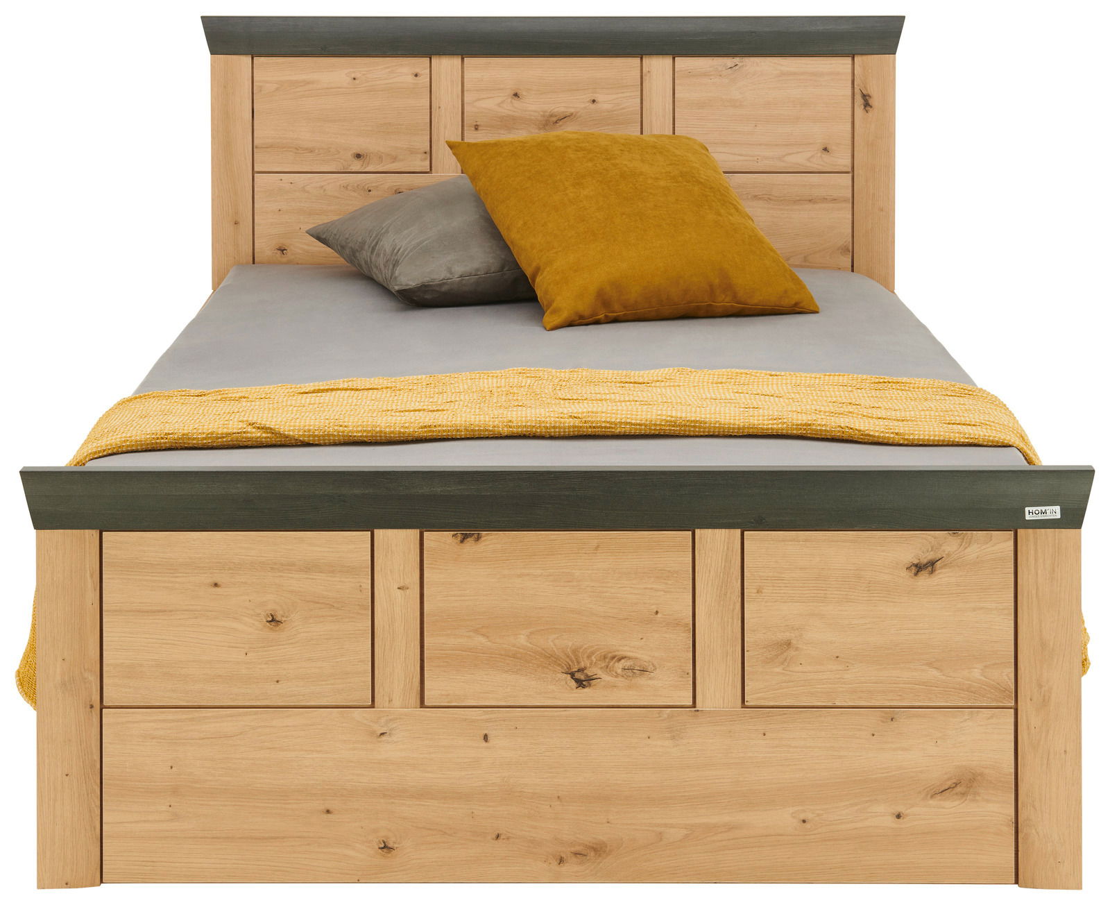 Frontale Ansicht eines Bettes aus Holz mit grauer und gelber Bettwäsche, Modell Hom'in Bett BENTON.