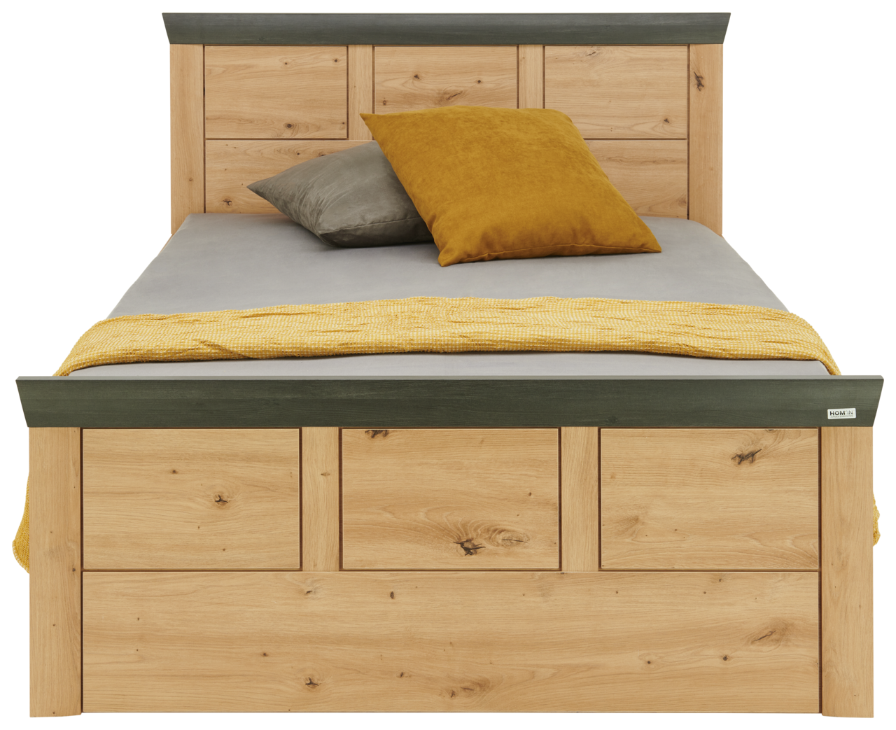Frontale Ansicht eines Bettes aus Holz mit grauer und gelber Bettwäsche, Modell Hom'in Bett BENTON.