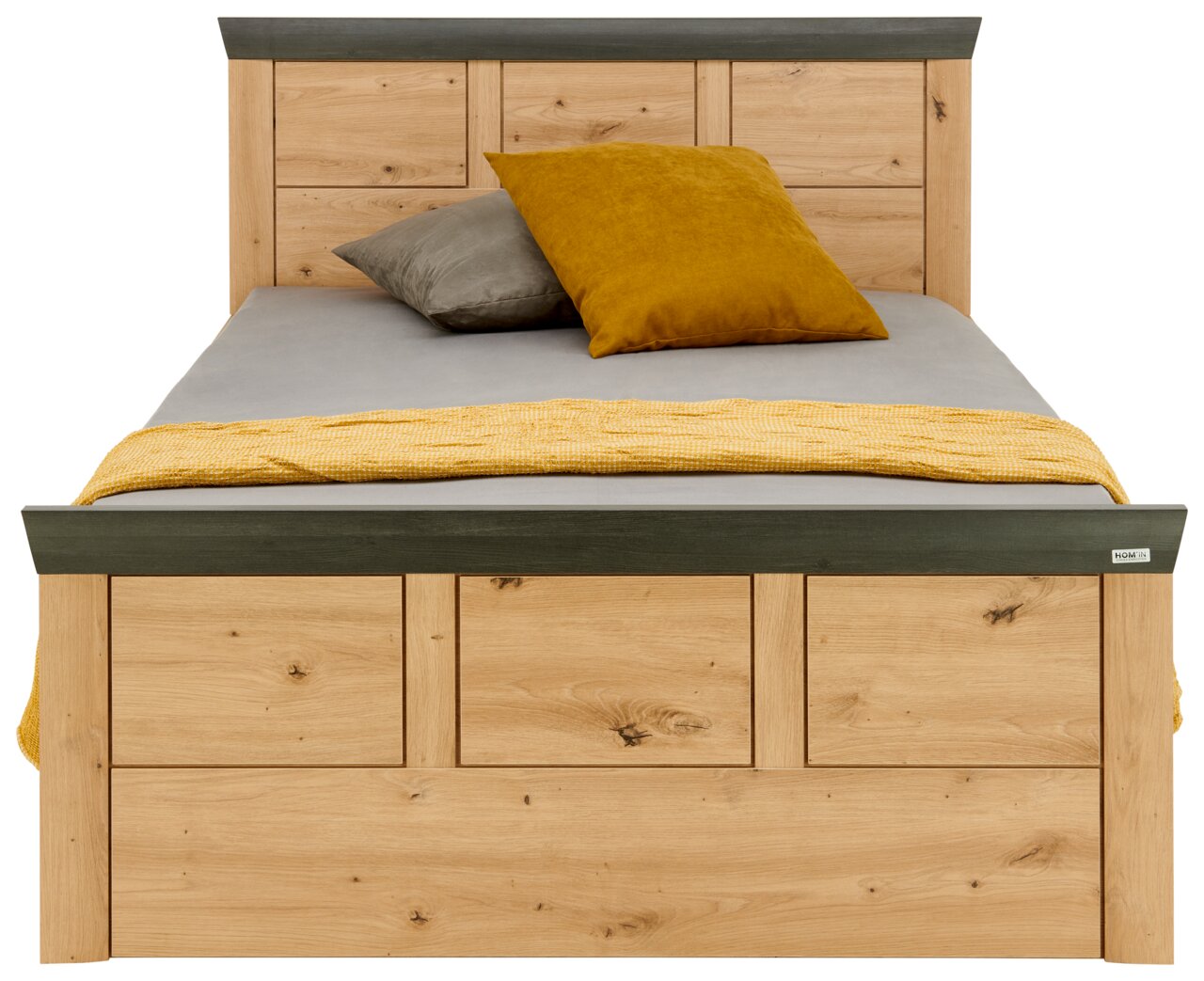 Vooraanzicht van een houten bed met grijs en geel beddengoed, model Hom'in BENTON.