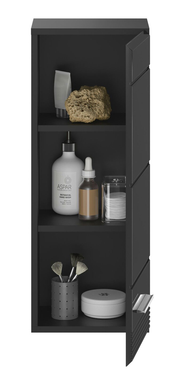 Schwarzer Hängeschrank mit geöffneter Tür, gefüllt mit Pflegeprodukten und Accessoires, aus frontaler Perspektive.