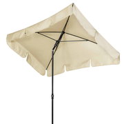 Beiger Sonnenschirm mit schwarzem Gestell, seitliche Perspektive