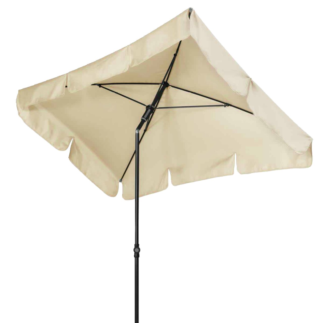Beiger Sonnenschirm mit schwarzem Gestell, seitliche Perspektive