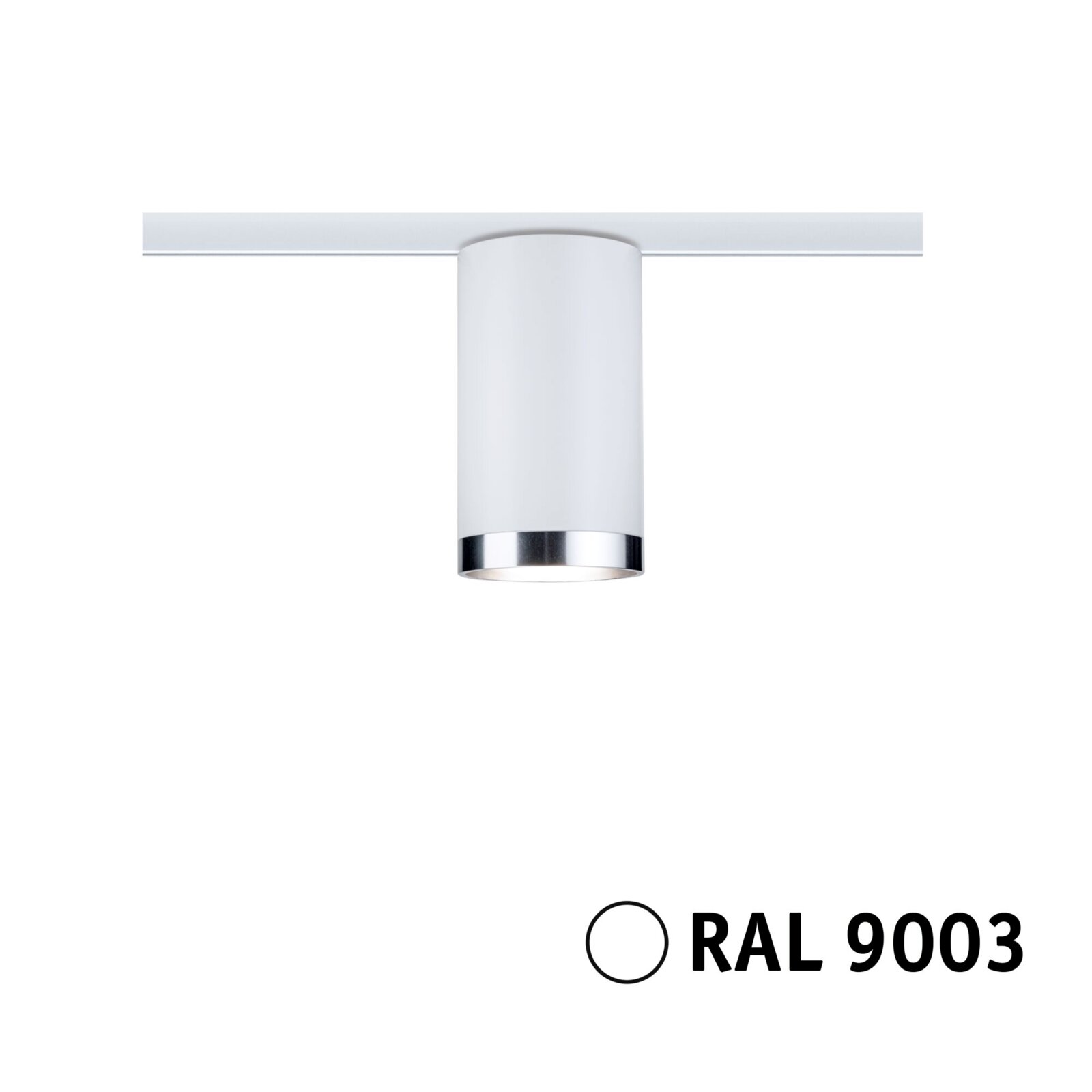 Weißer Schienenspot Tube von PAULMANN in RAL 9003, frontal abgebildet mit silbernem Rand.