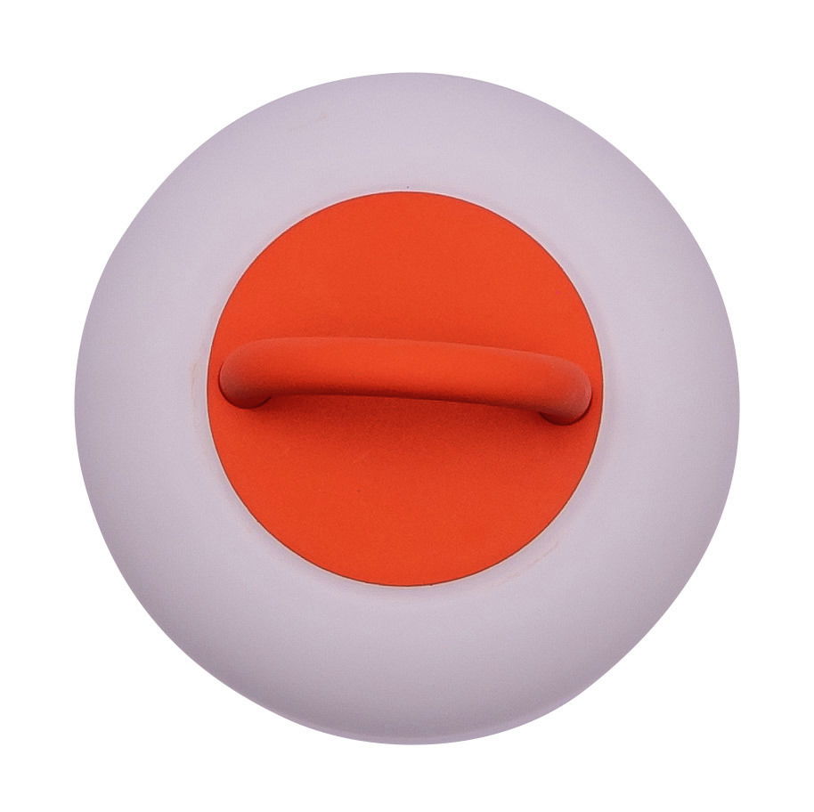 Ansicht von oben auf einen runden, orangefarbenen Griff in einem weißen Rahmen.