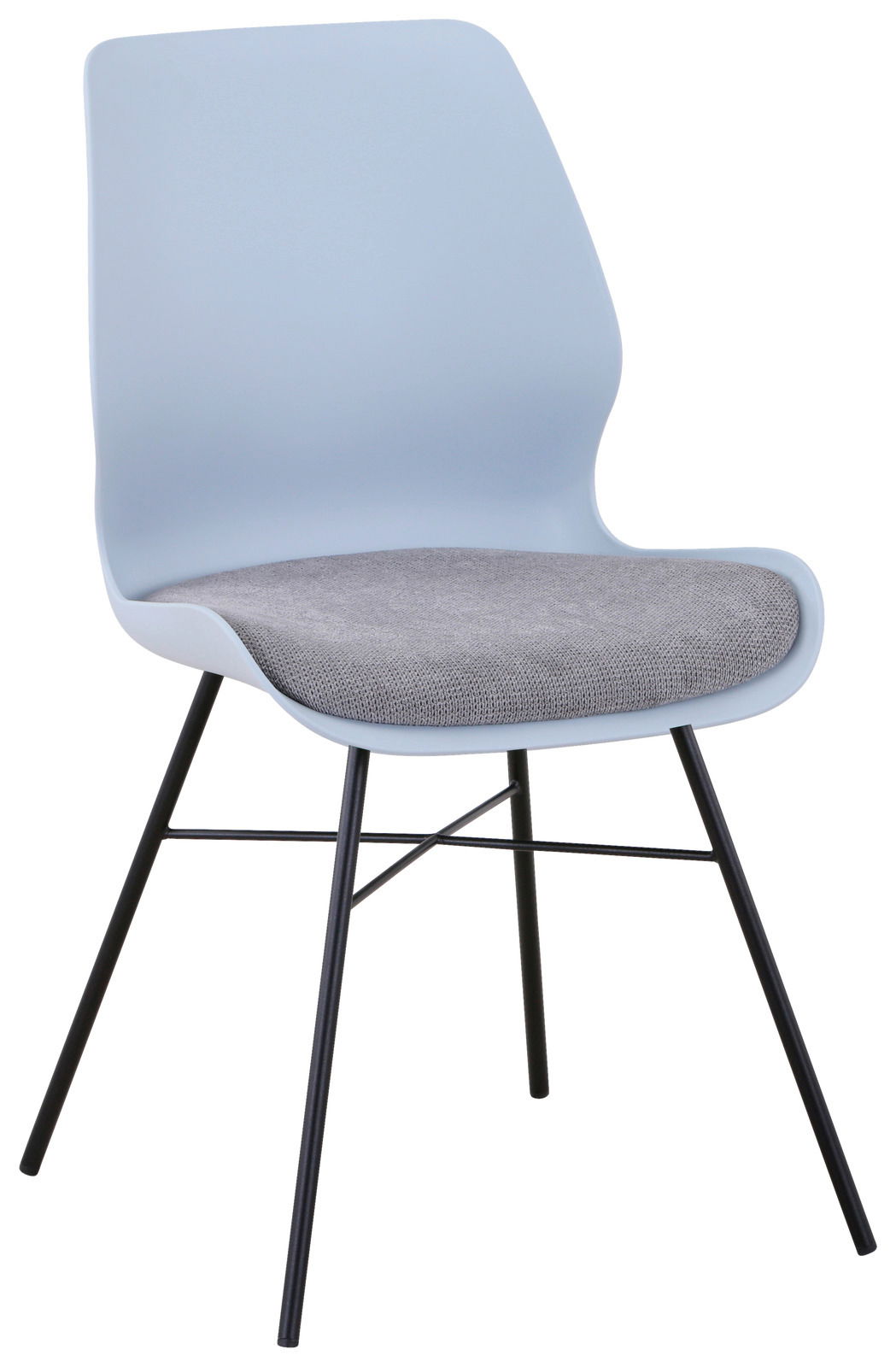 Moderner Stuhl mit hellblauer Rückenlehne und grauem Sitzpolster, seitliche Perspektive