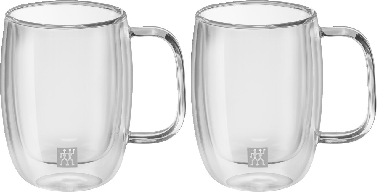 ZWILLING Espresso Glasset 2-tlg. SORRENTO Zwei transparente Espressogläser mit Griffen, frontal abgebildet, mit doppelwandigem Design.
