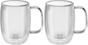 Zwei transparente Espressogläser mit Griffen, frontal abgebildet, mit doppelwandigem Design.