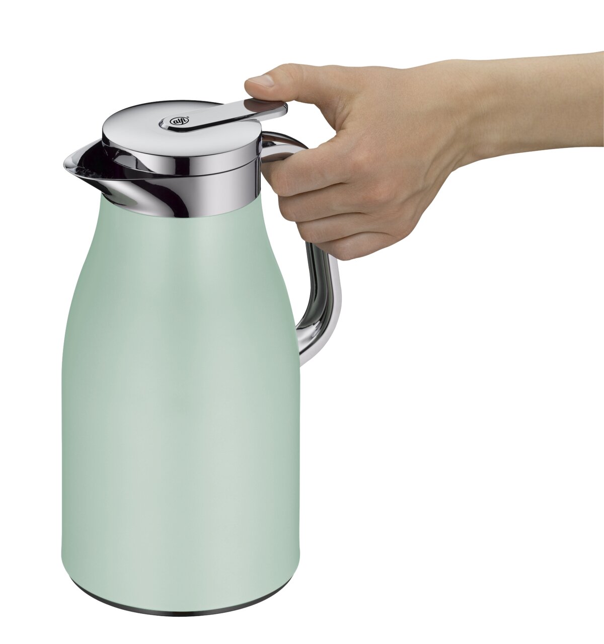 Skyline-thermoskan in mintgroen met zilveren deksel en handvat, zijaanzicht, hand drukt op de deksel