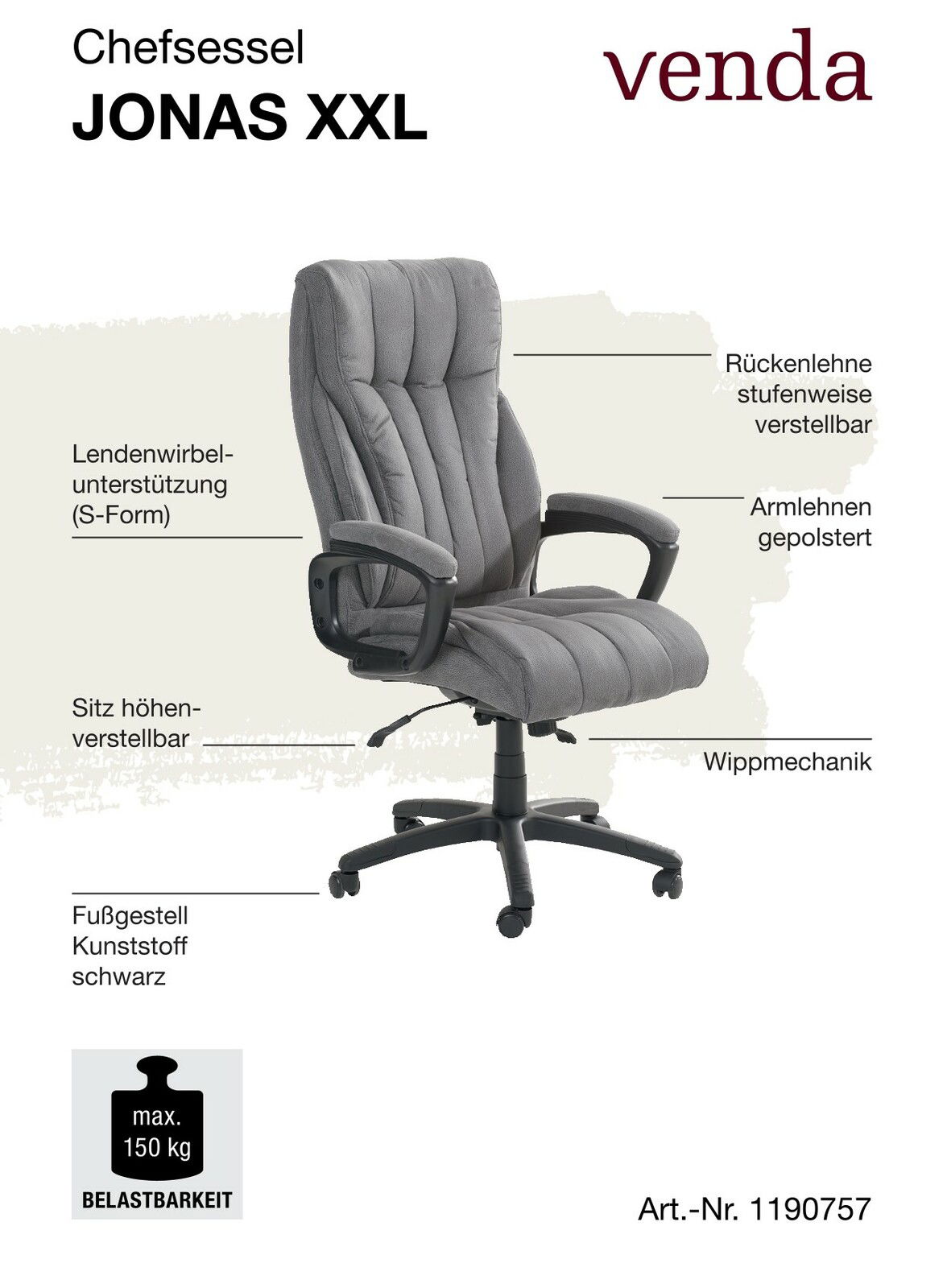 Grauer Chefsessel JONAS XXL mit verstellbarer Rückenlehne, gepolsterten Armlehnen, höhenverstellbarem Sitz und Wippmechanik, seitliche Perspektive