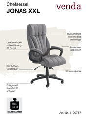 Grauer Chefsessel JONAS XXL mit verstellbarer Rückenlehne, gepolsterten Armlehnen, höhenverstellbarem Sitz und Wippmechanik, seitliche Perspektive