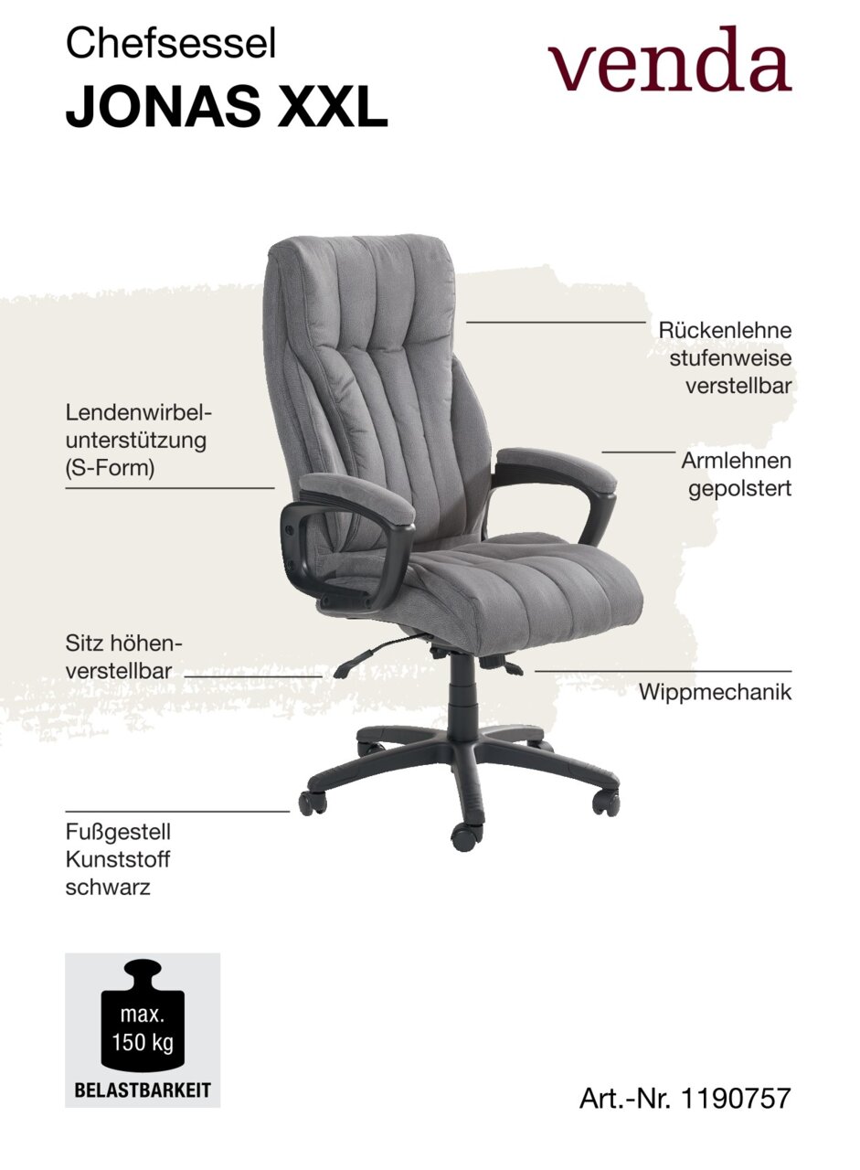 Grauer Chefsessel JONAS XXL mit verstellbarer Rückenlehne, gepolsterten Armlehnen, höhenverstellbarem Sitz und Wippmechanik, seitliche Perspektive