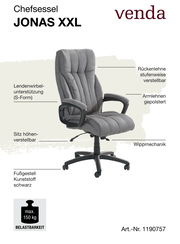 Grauer Chefsessel JONAS XXL mit verstellbarer Rückenlehne, gepolsterten Armlehnen, höhenverstellbarem Sitz und Wippmechanik, seitliche Perspektive