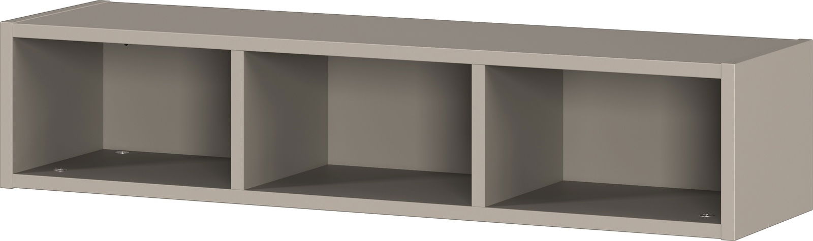 Graues Unterstell-Wandregal mit drei offenen Fächern, seitliche Perspektive