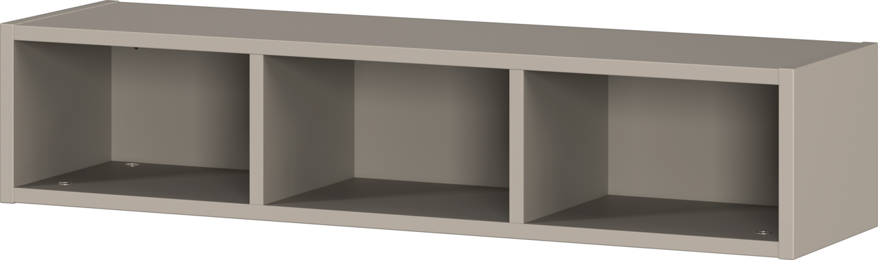Graues Unterstell-Wandregal mit drei offenen Fächern, seitliche Perspektive