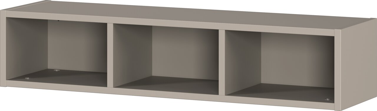 Graues Unterstell-Wandregal mit drei offenen Fächern, seitliche Perspektive