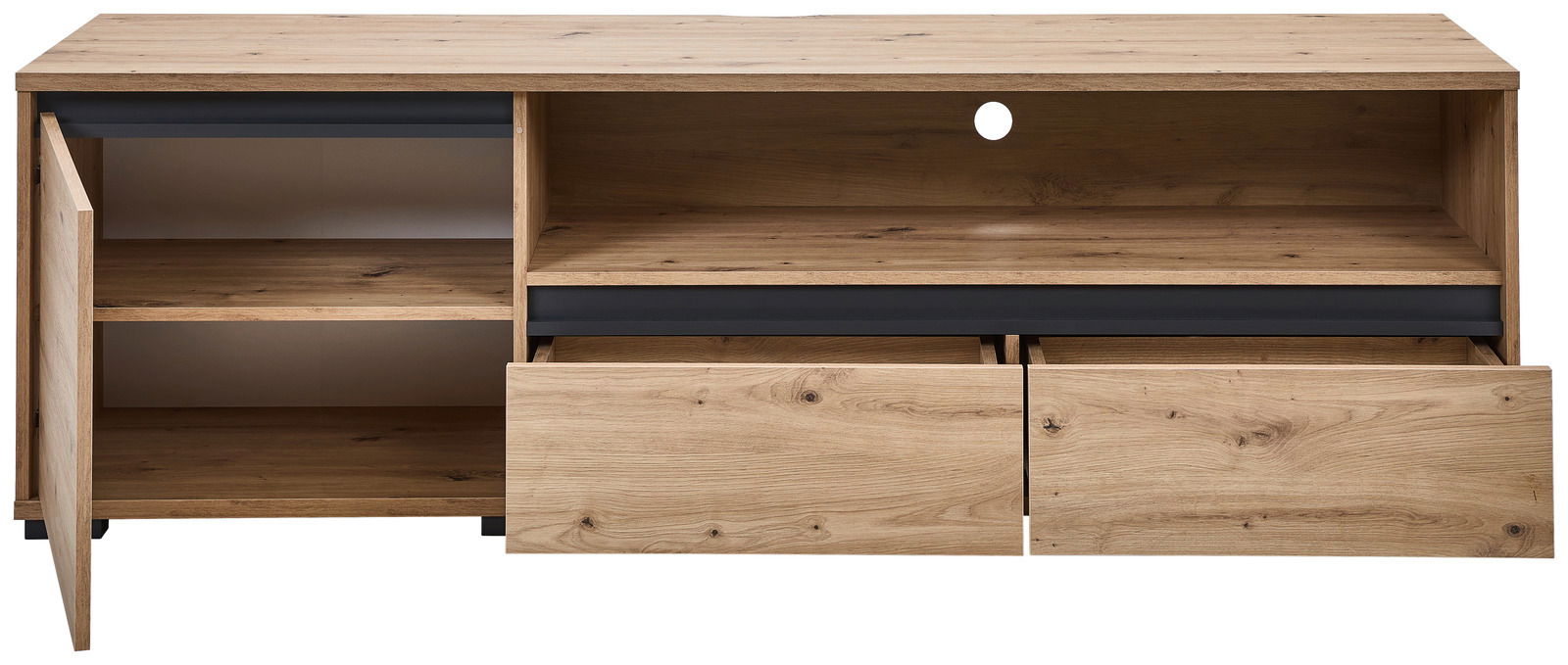 TV-Lowboard aus Holz mit offenen Schubladen und Türen, Frontansicht