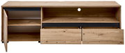 TV-Lowboard aus Holz mit offenen Schubladen und Türen, Frontansicht
