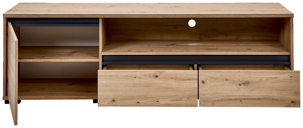TV-Lowboard aus Holz mit offenen Schubladen und Türen, Frontansicht