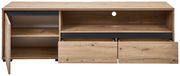 TV-Lowboard aus Holz mit offenen Schubladen und Türen, Frontansicht