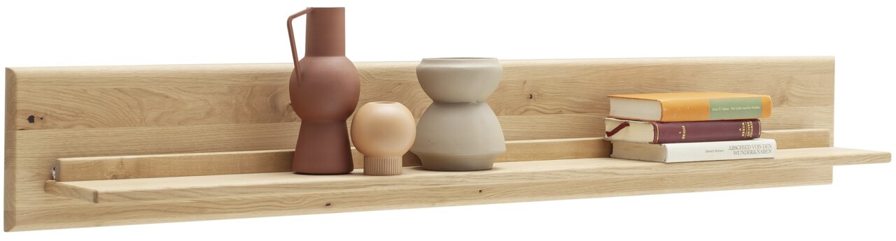Holz-Wandboard mit Dekorationen wie Vasen und Büchern, seitliche Perspektive