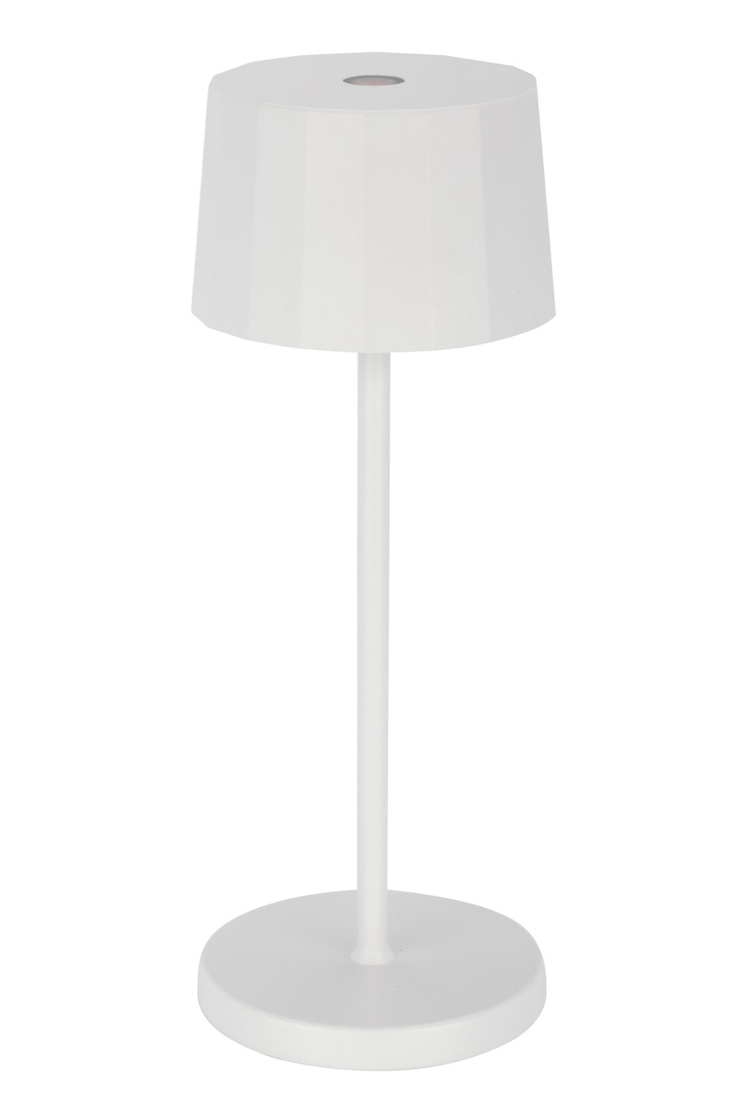 Weiße Akku-Tischleuchte mit modernem Design, seitliche Perspektive