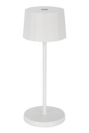 Weiße Akku-Tischleuchte mit modernem Design, seitliche Perspektive