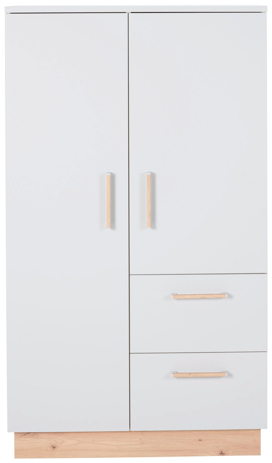 MyBaby Beistellschrank LEO Moderner Beistellschrank mit zwei Türen und zwei Schubladen, weiße Fronten und Holzgriffe, Frontalansicht