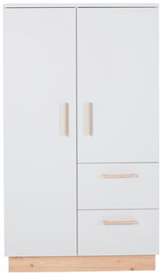 Moderner Beistellschrank mit zwei Türen und zwei Schubladen, weiße Fronten und Holzgriffe, Frontalansicht