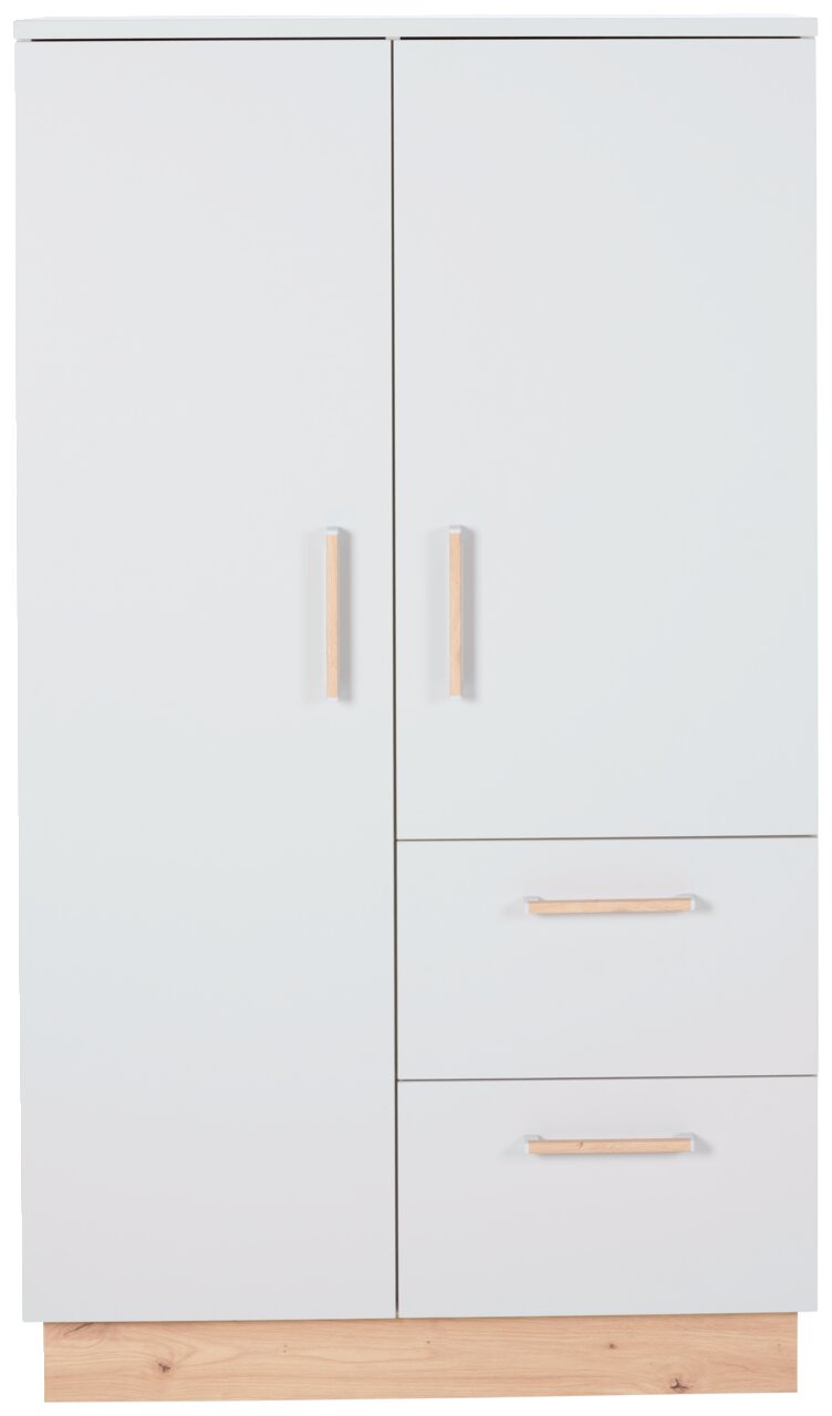 MyBaby Beistellschrank LEO Moderner Beistellschrank mit zwei Türen und zwei Schubladen, weiße Fronten und Holzgriffe, Frontalansicht