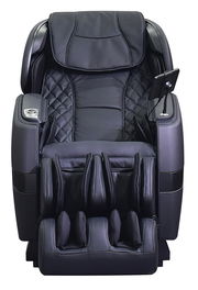 Schwarzer Massagesessel mit luxuriöser Polsterung und integrierter Steuerung, Frontalansicht