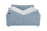 Frontansicht eines blauen Boxspringbetts mit verstellbarer Matratze.