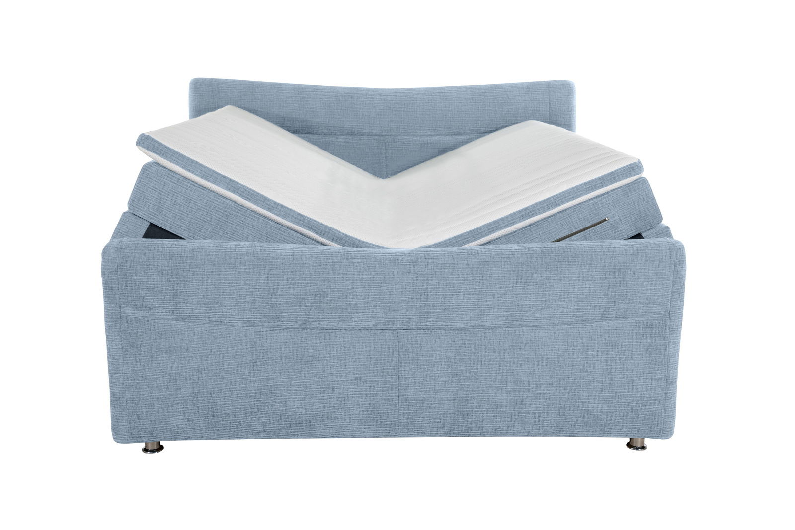 Frontansicht eines blauen Boxspringbetts mit verstellbarer Matratze.