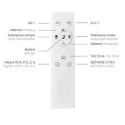 Fernbedienung für LED-Deckenleuchte mit Tasten für An/Aus, Auf- und Abdimmen, Farbtemperaturregelung, Nachtlicht und Timer. Draufsicht.