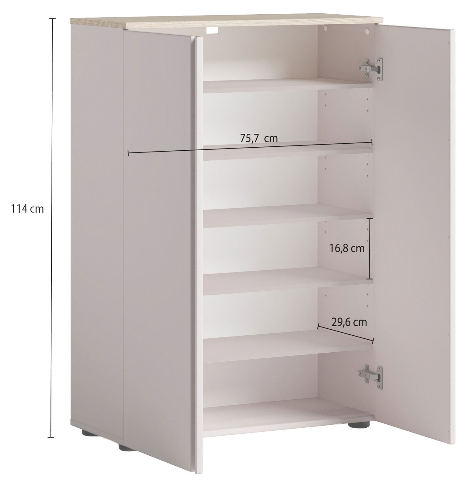 Schuhschrank mit offenen Türen, zeigt mehrere Regalböden, Perspektive von vorne links