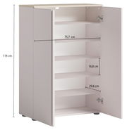 Schuhschrank mit offenen Türen, zeigt mehrere Regalböden, Perspektive von vorne links