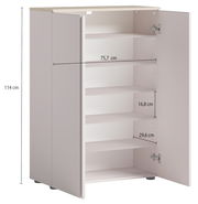 Schuhschrank mit offenen Türen, zeigt mehrere Regalböden, Perspektive von vorne links