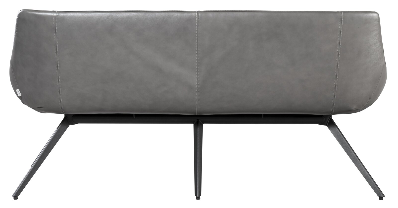 Rückansicht einer modernen grauen Bank mit Metallbeinen.