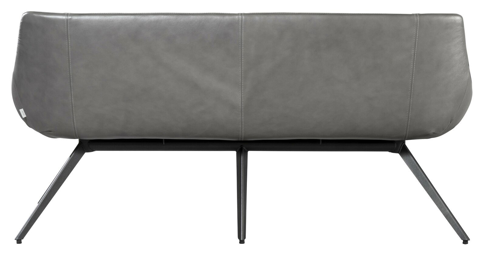 Rückansicht einer modernen grauen Bank mit Metallbeinen.