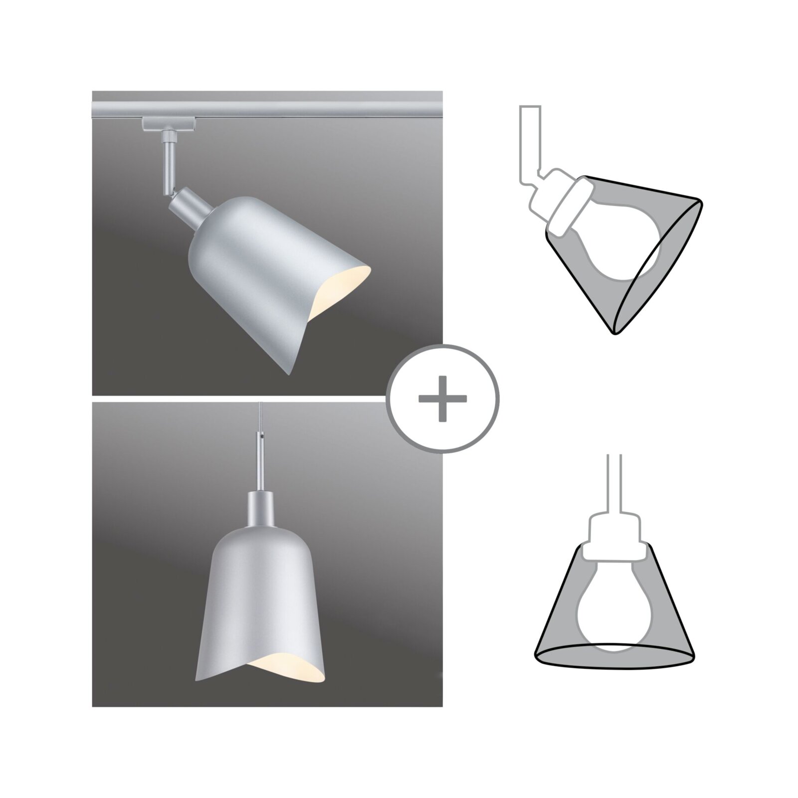 Zilveren decoratieve kap Alvaro voor het URAIL-systeem, zijaanzicht, toont twee montagemogelijkheden: plafond- en hanglamp.