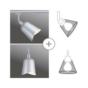 Zilveren decoratieve kap Alvaro voor het URAIL-systeem, zijaanzicht, toont twee montagemogelijkheden: plafond- en hanglamp.