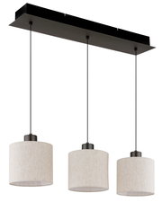 Moderne Hängeleuchte mit drei zylinderförmigen Lampenschirmen aus Stoff, Ansicht von vorne.