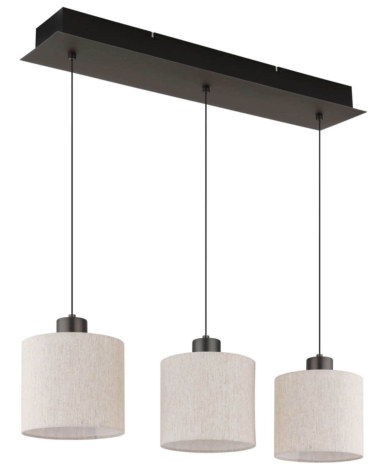 Moderne Hängeleuchte mit drei zylinderförmigen Lampenschirmen aus Stoff, Ansicht von vorne.