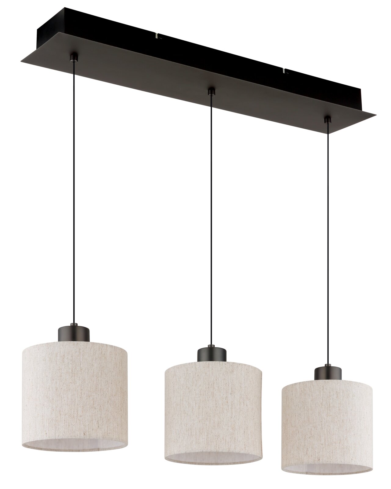 Moderne hanglamp met drie cilindervormige stoffen lampenkappen, gezien van voren.