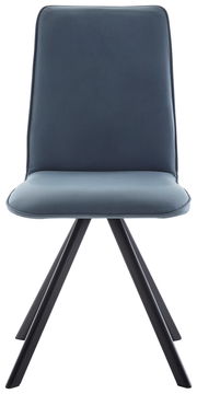 Moderner blauer Stuhl mit schwarzem Metallgestell, Frontalansicht