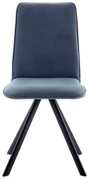 Moderne blauwe stoel met zwart metalen frame, vooraanzicht